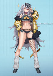 Rule 34 | 1girl, absurdres, alternate costume, azur lane, bache (azur lane), bache (azur lane) (cosplay), bandaid, bandaid on knee, bandaid on leg, bare shoulders, belt, black footwear, black hat, black sailor collar, black shirt, black shorts, bracelet, breasts, brown belt, character name, closed mouth, collar, collarbone, commentary request, cosplay, crop top, crop top overhang, crossed bangs, cuboon, fishnet thighhighs, fishnets, full body, fur-trimmed jacket, fur trim, graf zeppelin (azur lane), hair between eyes, hand on own hip, hand up, hat, head tilt, highres, jacket, jewelry, large breasts, leg warmers, long hair, looking at viewer, micro shorts, money gesture, navel, neckerchief, off-shoulder jacket, off shoulder, peaked cap, pink collar, pouch, red eyes, sailor collar, shirt, shorts, silver hair, single thighhigh, sleeveless, sleeveless shirt, solo, sparkle, standing, thighhighs, two side up, underboob, very long hair, yellow jacket, yellow neckerchief