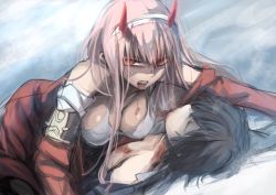 Rule 34 | 10s, 1boy, 1girl, black hair, blood, blood on breasts, blood on chest, braid, breasts, cleavage, couple, darling in the franxx, closed eyes, hairband, herozu (xxhrd), hetero, hiro (darling in the franxx), horns, large breasts, long hair, military, military uniform, oni horns, open clothes, pink hair, red eyes, red horns, red pupils, short hair, uniform, vampire, white hairband, zero two (darling in the franxx)