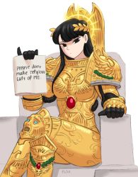 Rule 34 | 1girl, armor, black eyes, black hair, cosplay, crossed legs, emperor of mankind, emperor of mankind (cosplay), english text, flick-the-thief, gold armor, halo, holding, holding sign, komi-san wa komyushou desu, komi shouko, laurel crown, long hair, looking at viewer, notebook, pauldrons, power armor, shoulder armor, sign, signature, simple background, solo, throne, two-headed eagle, warhammer 40k, white background