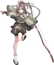 Rule 34 | 1girl, aircraft, airplane, arrow (projectile), blush, bow (weapon), brown eyes, brown hair, camouflage, clog sandals, full body, gloves, hachimaki, hair ribbon, headband, high ponytail, japanese clothes, kantai collection, konishi (koconatu), light brown hair, long hair, long sleeves, official art, partially fingerless gloves, partly fingerless gloves, ponytail, ribbon, sandals, single glove, solo, transparent background, weapon, yugake, zouri, zuihou (kancolle), zuihou kai ni (kancolle)