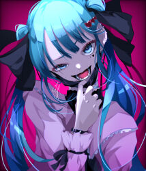 Rule 34 | 1girl, bandaid, bandaid on neck, claw pose, ear piercing, earrings, goma irasuto, green eyes, green hair, hair ornament, hair ribbon, hatsune miku, heart, heart hair ornament, highres, jacket, jewelry, looking at viewer, mask, mask pull, mouth mask, piercing, red background, red jacket, red nails, ribbon, ring, smile, solo, twintails, vampire, vampire (vocaloid), vocaloid
