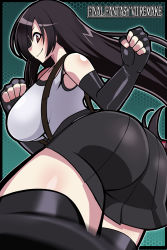 Rule 34 | 1girl, ass, black hair, breasts, clenched hands, crop top, final fantasy, final fantasy vii, fingerless gloves, gloves, highres, iriomote umineko, large breasts, long hair, looking at viewer, looking back, ponytail, red eyes, skirt, smile, solo, sports bra, square enix, straight hair, thick thighs, thighhighs, thighs, tifa lockhart