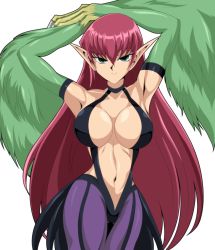 Rule 34 | 1girl, animal hands, armpits, arms up, breasts, claws, commentary request, duel monster, feathers, green eyes, green feathers, green wings, harpie lady, highres, kairi (fotune), large breasts, long hair, navel, purple legwear, red hair, simple background, solo, very long hair, white background, winged arms, wings, yu-gi-oh!