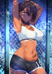 Rule 34 | 1girl, ;), ahoge, araimooah, armpits, arms up, azur lane, baltimore (after-school ace) (azur lane), baltimore (azur lane), baltimore (black ace) (azur lane), bikini tan, black choker, black hair, black shorts, blush, braid, breasts, chain-link fence, chest tattoo, choker, closed mouth, commentary request, cowboy shot, dolphin shorts, fence, flower tattoo, hair between eyes, large breasts, looking at viewer, navel, one eye closed, pubic tattoo, short hair, shorts, smile, solo, sports bra, stomach, stomach tattoo, stretching, sweat, tan, tanline, tattoo, underboob, yellow eyes