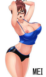 Rule 34 | 1girl, armpits, arms up, bare arms, bare shoulders, blush, breasts, brown eyes, brown hair, collarbone, cowboy shot, glasses, hair ornament, hairpin, large breasts, looking at viewer, matching hair/eyes, mei (overwatch), midriff, navel, nipples, open mouth, overwatch, overwatch 1, short shorts, shorts, simple background, solo, tank top, teeth, thelorope, thighs, tongue, upper teeth only, white background