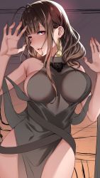 Rule 34 | 1girl, :d, against glass, ahoge, bare shoulders, blunt bangs, blush, breast press, breasts, breasts on glass, brown hair, commentary request, dress, dsr-50 (girls&#039; frontline), dsr-50 (highest bid) (girls&#039; frontline), earrings, evening gown, girls&#039; frontline, hifumi chiyoko, highres, indoors, jewelry, large breasts, long hair, looking at viewer, official alternate costume, open mouth, red eyes, sidelocks, smile, solo, thighs