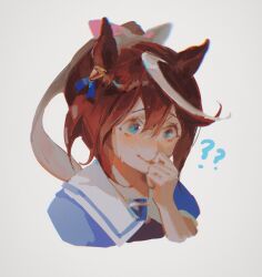 Rule 34 | 1girl, ?, ??, animal ears, blue eyes, blue shirt, blush, bow, brown hair, closed mouth, cropped torso, ear ornament, hair between eyes, hair bow, hand to own mouth, highres, horse ears, horse girl, looking down, lulu (lululike123), multicolored hair, no lineart, nose blush, pink bow, ponytail, raised eyebrows, sailor collar, school uniform, shirt, simple background, solo, streaked hair, tokai teio (umamusume), tracen school uniform, umamusume, upper body, white background, white sailor collar