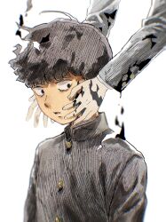 Rule 34 | 1boy, bad id, bad twitter id, black hair, bowl cut, buttoned cuffs, buttons, dissolving, gakuran, highres, kageyama shigeo, long sleeves, looking away, looking to the side, male focus, miuve, mob psycho 100, out of frame, reaching, school uniform, short hair, simple background, smoke, solo focus, surprised, upper body, white background