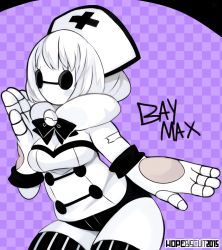 Rule 34 | 1girl, baymax, big hero 6, black eyes, blush stickers, breasts, checkered background, genderswap, genderswap (mtf), hat, hopebiscuit, medium breasts, no mouth, no pupils, nurse, nurse cap, short hair, solo, striped clothes, striped thighhighs, thighhighs, vertical-striped clothes, vertical-striped thighhighs, white hair