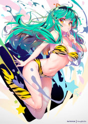 Rule 34 | 1girl, animal print, bare arms, bikini, blush, breasts, closed mouth, commentary request, finger to mouth, floating hair, full body, green hair, hand up, hong (white spider), horns, kneehighs, long hair, looking at viewer, lum, medium breasts, navel, orange eyes, pointy ears, print bikini, print socks, shushing, signature, socks, solo, star (symbol), stomach, swimsuit, tiger print, urusei yatsura, very long hair