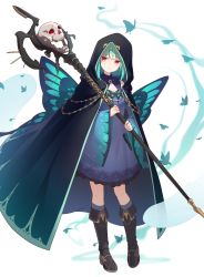 Rule 34 | 1girl, adapted costume, alternate costume, animal print, black cloak, black footwear, blue dress, boots, breasts, bug, butterfly, butterfly print, cloak, closed mouth, commentary, dress, expressionless, frilled dress, frills, full body, green hair, highres, holding, holding staff, hololive, hololive alternative, hood, hood up, hooded cloak, insect, knee boots, kneehighs, looking to the side, mozuku (honida1215), red eyes, short hair, simple background, skull, small breasts, socks, solo, spirit, staff, standing, uruha rushia, uruha rushia (1st costume), virtual youtuber, white background, wide sleeves