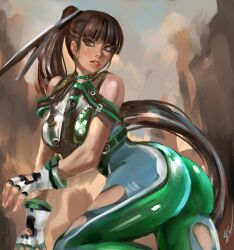 Rule 34 | 1girl, ass, black hair, blunt bangs, bodysuit, breasts, brown eyes, eve (stellar blade), fingerless gloves, gloves, green bodysuit, highres, long hair, looking at viewer, multicolored bodysuit, multicolored clothes, orion-m, planet diving suit (7th) (stellar blade), ponytail, silver bodysuit, skin tight, solo, stellar blade, thighs, very long hair