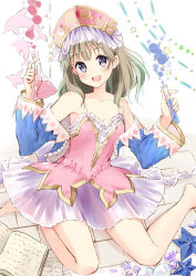 Rule 34 | 1girl, atelier (series), atelier totori, bad id, bad pixiv id, bare legs, bare shoulders, blue sleeves, blush, book, clip studio paint (medium), detached sleeves, flask, headdress, highres, light brown hair, long hair, minidraco, open book, open mouth, potion, purple eyes, see-through, sitting, skirt, sleeves past wrists, smile, solo, test tube, totooria helmold, wariza
