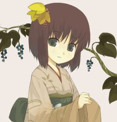 Rule 34 | 1girl, blush, brown hair, green eyes, ikura hato, japanese clothes, kimono, leaf, light smile, long sleeves, obi, original, parted lips, plant, sash, short hair, simple background, solo, vines, white background, wide sleeves
