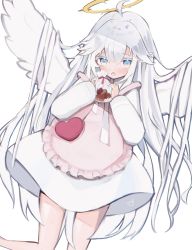 Rule 34 | 1girl, absurdres, ahoge, angel, apron, blue eyes, colored eyelashes, feathered wings, hair between eyes, halo, highres, indie virtual youtuber, long hair, long sleeves, looking at viewer, mashiro rei, open mouth, retorillo, solo, virtual youtuber, white hair, white theme, wings