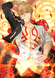 Rule 34 | 1boy, aora, bad id, bad pixiv id, blonde hair, fate/stay night, fate (series), flower, gate of babylon (fate), gilgamesh (fate), gradient background, male focus, official alternate costume, open clothes, open shirt, petals, red eyes, rose, shirt, solo, tattoo