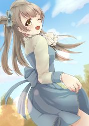 Rule 34 | 1girl, aqua bow, aqua dress, aqua skirt, artist name, artist request, back bow, blue sky, blush, bow, breasts, brown eyes, brown hair, cloud, collared shirt, cross-laced clothes, cross-laced dress, dress, female focus, from behind, grey hair, highres, holding, holding clothes, holding skirt, light brown hair, light brown shirt, long hair, looking at viewer, looking back, love live!, love live! school idol festival, love live! school idol project, medium breasts, minami kotori, neckerchief, omuri (omchnds), one eye closed, outdoors, parted lips, ponytail, shirt, side ponytail, skirt, sky, smile, solo, striped, striped bow, white neckerchief