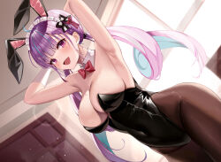 Rule 34 | 1girl, :d, absurdres, alternate costume, animal ears, aqua hair, armpits, arms up, ass, backlighting, black bow, black leotard, blunt bangs, blush, bow, bowtie, braid, breasts, brown pantyhose, cleavage, colored inner hair, commentary request, covered navel, cowboy shot, curly hair, curvy, day, detached collar, dutch angle, eyelashes, eyes visible through hair, fake animal ears, gloves, groin, hair bow, hair ribbon, happy, highleg, highleg leotard, highres, hololive, indoors, large breasts, lens flare, leotard, light particles, light rays, long hair, looking at viewer, low twintails, maid headdress, minato aqua, multicolored hair, open mouth, pantyhose, playboy bunny, purple eyes, purple hair, rabbit ears, red bow, red bowtie, red ribbon, ribbon, side braid, sidelocks, single glove, smile, solo, strapless, strapless leotard, streaked hair, sunbeam, sunlight, tsurime, twintails, very long hair, virtual youtuber, white gloves, window, ya ta