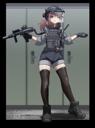 Rule 34 | 1girl, absurdres, brown hair, door, gloves, green eyes, gun, h&amp;k mp7, helmet, highres, original, personal defense weapon, ponytail, qangyi916, shoes, shorts, shrugging, signature, sleeves rolled up, solo, submachine gun, suppressor, termichan (not-a-bot), thighhighs, trigger discipline, walkie-talkie, weapon