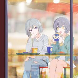 Rule 34 | 2girls, blue pants, bob cut, burger, closed mouth, collared jacket, cup, denim, disposable cup, drink, drinking straw, eating, food, green jacket, grey hair, grey sweater, hair between eyes, hand on own chin, head rest, highres, holding, holding food, idoly pride, igawa aoi, indoors, jacket, jeans, kanzaki rio, leaning on table, legs together, long bangs, long sleeves, looking at another, miniskirt, multiple girls, open clothes, open jacket, open mouth, pants, pleated skirt, purple eyes, restaurant, side-by-side, sidelocks, sitting, skirt, smile, stool, sweater, table, teeth, torn clothes, torn jeans, torn pants, tray, upper teeth only, watanuki (enu), white skirt, window, yellow eyes