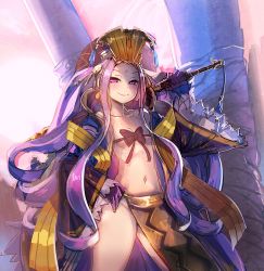 Rule 34 | 1girl, bare shoulders, chinese clothes, cowboy shot, fate/grand order, fate (series), gloves, hair ornament, hand on own hip, headgear, holding, holding sword, holding weapon, legs apart, long hair, navel, no panties, pelvic curtain, purple eyes, purple hair, revealing clothes, ribbon, smile, solo, standing, sword, very long hair, weapon, wu zetian (fate)