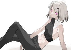 Rule 34 | 1girl, absurdres, bare arms, between legs, black hair, black nails, black pants, black shirt, breasts, commentary, crop top, english commentary, grey hair, hand between legs, highres, krin (krinnin), looking at viewer, midriff, mole, mole under eye, multicolored hair, nail polish, navel, original, pants, parted lips, pink eyes, shirt, short hair, sitting, sleeveless, sleeveless shirt, small breasts, solo, streaked hair, white background