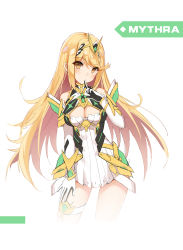 Rule 34 | 1girl, absurdres, armor, bare shoulders, blonde hair, blush, breasts, brown eyes, character name, cleavage, cleavage cutout, clothing cutout, contrapposto, cropped legs, dress, elbow gloves, faulds, finger to mouth, gloves, hand on own thigh, head tilt, highres, index finger raised, long hair, looking at viewer, medium breasts, mythra (xenoblade), nintendo, short dress, shushing, simple background, sleeveless, solo, standing, straight hair, swept bangs, thigh strap, tiara, very long hair, white background, white dress, white gloves, wrist guards, xenoblade chronicles (series), xenoblade chronicles 2, yeluno meng