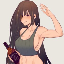 Rule 34 | 1girl, armpits, bare shoulders, blue background, blush, bottle, breasts, brown eyes, brown hair, cleavage, collarbone, eules, eyepatch, girls&#039; frontline, hair between eyes, highres, holding, holding bottle, jack daniel&#039;s, jewelry, large breasts, long hair, looking at viewer, m16a1 (girls&#039; frontline), midriff, mole, mole under eye, parted lips, ring, scar, scar across eye, scar on face, simple background, smile, solo, standing, tank top, upper body, very long hair, wedding band