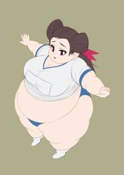 Rule 34 | 1girl, belly, breasts, cleavage, creatures (company), fat, game freak, gym leader, highres, kukuru, large breasts, nintendo, obese, pokemon, red eyes, roxanne (pokemon), solo, thick thighs, thighs