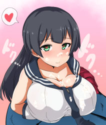 Rule 34 | 10s, 1girl, after paizuri, agano (kancolle), black hair, blush, breasts, cum, cum on body, cum on breasts, cum on clothes, cum on upper body, facial, gloves, green eyes, heart, heart-shaped pupils, isemagu, kantai collection, large breasts, long hair, looking at viewer, necktie, open mouth, paizuri, paizuri under clothes, pleated skirt, school uniform, skirt, smile, solo, solo focus, spoken heart, symbol-shaped pupils