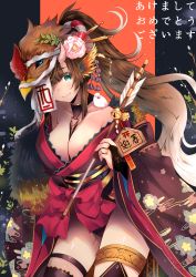 Rule 34 | 1girl, akeome, animal hood, arrow (projectile), asymmetrical legwear, bare shoulders, bell, between breasts, black thighhighs, blue eyes, blunt bangs, blush, breasts, bridal gauntlets, brown hair, chinese zodiac, cleavage, collarbone, duji amo, flower, gradient hair, hair flower, hair ornament, hair stick, happy new year, head wings, highres, hime cut, hood, horns, japanese clothes, jingle bell, kimono, large breasts, leaning forward, long hair, long sleeves, looking at viewer, multicolored hair, nengajou, new year, obi, off shoulder, oni, oni horns, original, ponytail, sash, short kimono, sidelocks, smile, solo, thighhighs, thighlet, translation request, uneven legwear, usagihime, very long hair, white hair, wide sleeves, wings, year of the rooster