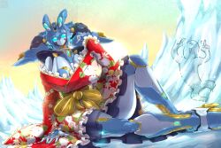 Rule 34 | 1girl, blue sclera, blue skin, breasts, cleavage, colored sclera, colored skin, female focus, full body, glacias (last origin), highres, huge breasts, ice, japanese clothes, kimono, last origin, levanshousa913, looking at viewer, no humans, red kimono, robot, robot girl, sitting, solo, sunset, thick thighs, thighs
