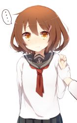 Rule 34 | ..., 10s, 1boy, 1girl, admiral (kancolle), anchor symbol, black skirt, brown eyes, brown hair, closed mouth, fang, gloves, hair between eyes, hair ornament, hairclip, harusawa, holding another&#039;s wrist, ikazuchi (kancolle), kantai collection, neckerchief, pleated skirt, red neckerchief, school uniform, serafuku, short hair, simple background, skirt, white background, white gloves