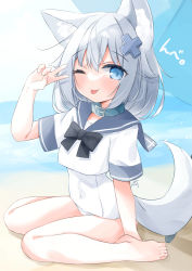 Rule 34 | 1girl, ;p, absurdres, animal ear fluff, animal ears, bad id, bad pixiv id, bare legs, barefoot, beach, beach umbrella, blue eyes, blush, closed mouth, commentary request, covered navel, grey hair, grey sailor collar, hair between eyes, hair ornament, hand up, highres, minato yu (0514), old school swimsuit, on ground, one-piece swimsuit, one eye closed, original, sailor collar, sand, school swimsuit, shirt, short sleeves, sitting, smile, solo, swimsuit, swimsuit under clothes, tail, tongue, tongue out, umbrella, v, wariza, water, white one-piece swimsuit, white shirt, x hair ornament
