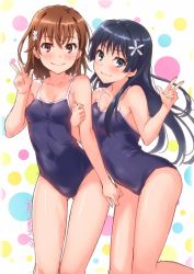 Rule 34 | 1girl, arm hug, black hair, black one-piece swimsuit, blue one-piece swimsuit, breasts, brown eyes, brown hair, collarbone, commentary request, competition school swimsuit, cowboy shot, flower, gluteal fold, green eyes, hair flower, hair ornament, isshi pyuma, lineart, long hair, looking at viewer, misaka mikoto, one-piece swimsuit, saten ruiko, school swimsuit, short hair, small breasts, swimsuit, toaru kagaku no railgun, toaru majutsu no index, twitter username, v, waving
