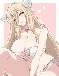 Rule 34 | 1girl, absurdres, azur lane, bare shoulders, bikini, blonde hair, blush, border, breasts, cleavage, collarbone, heart, heart-shaped pupils, highres, horns, implacable (azur lane), knee up, large breasts, lips, long bangs, long hair, looking at viewer, navel, orange eyes, outside border, pink background, popon ta, sitting, solo, swimsuit, symbol-shaped pupils, white bikini, white border