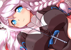 Rule 34 | 1girl, azur lane, black dress, blue eyes, blue pupils, blue ribbon, blush, braid, breasts, bright pupils, closed mouth, covered erect nipples, covered navel, dress, dutch angle, eyebrows, eyes visible through hair, hair ribbon, hat, jewelry, large breasts, long hair, mast, necklace, nurse cap, oborogumo takamitsu, pink ribbon, puffy short sleeves, puffy sleeves, purple hair, rei no himo, ribbon, short sleeves, side braid, smile, solo, tareme, taut clothes, taut dress, turtleneck, upper body, vestal (azur lane), white hat
