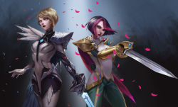 Rule 34 | 2girls, absurdres, arm behind back, armor, black background, black bodysuit, black gloves, black hair, black legwear, black lips, blonde hair, bodysuit, breasts, cape, closed mouth, clothing request, confetti, cowboy shot, dual persona, fiora (league of legends), gloves, gradient background, green background, green eyes, green pants, half-closed eyes, hand up, highres, holding, holding sword, holding weapon, ig fiora, lan xiezi, league of legends, looking at viewer, multicolored hair, multiple girls, official alternate costume, pants, parted lips, petals, pink cape, pink hair, rapier, shiny clothes, shirt, short hair, shoulder armor, sword, weapon, white shirt