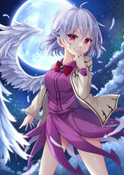 Rule 34 | 1girl, absurdres, beige jacket, braid, breasts, cowboy shot, dress, feathered wings, feathers, full moon, hair between eyes, hand to own mouth, hand up, highres, jacket, kishin sagume, legs apart, looking at viewer, medium breasts, medium hair, miy@, moon, night, night sky, open clothes, open jacket, outdoors, purple dress, red eyes, red hair, short hair, silver hair, single wing, sky, solo, star (sky), staring, starry sky, touhou, white wings, wings