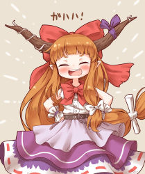 Rule 34 | 1girl, ^ ^, arinu, blunt bangs, bow, bowtie, brown background, closed eyes, cowboy shot, hair bow, hands on own hips, highres, horn ornament, horn ribbon, horns, ibuki suika, long hair, low-tied long hair, metal belt, open mouth, orange hair, purple ribbon, purple skirt, red bow, red bowtie, red ribbon, ribbon, ribbon-trimmed skirt, ribbon trim, shirt, skirt, smile, solo, standing, torn clothes, torn sleeves, touhou, translated, white bow, white ribbon, white shirt, wrist cuffs