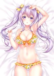 Rule 34 | 1girl, aoba chise, aoba project, arm up, armpits, bare arms, bare shoulders, bed sheet, bikini, blush, bow, breasts, cleavage, collarbone, commentary request, dakimakura (medium), frilled bikini, frills, front-tie bikini top, front-tie top, gluteal fold, groin, hair bow, halterneck, halterneck, hand up, highres, large breasts, long hair, looking at viewer, lying, navel, on back, open mouth, purple eyes, sakura moyon, silver hair, solo, stomach, swimsuit, thighs, twintails, white bikini, yellow bow