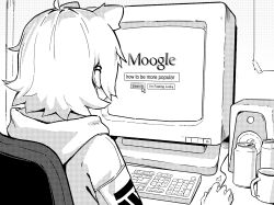 Rule 34 | 1girl, animal ears, can, cup, ear piercing, from behind, greyscale, highres, keyboard (computer), long sleeves, monitor, monochrome, mouse (computer), mouse ears, mouse girl, mug, original, perl (vertigris), piercing, short hair, solo, vertigris