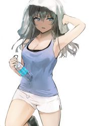Rule 34 | 1girl, absurdres, armpits, black footwear, blue eyes, blue shirt, bottle, breasts, brown hair, cleavage, cowboy shot, dolphin shorts, floating hair, girls und panzer, hair between eyes, harasu (harasu888), highres, holding, holding bottle, itsumi erika, long hair, looking at viewer, medium breasts, open mouth, shirt, short shorts, shorts, simple background, sketch, sleeveless, sleeveless shirt, solo, standing, standing on one leg, towel, towel on head, white background, white shorts, white towel
