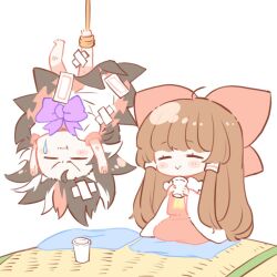 Rule 34 | 2girls, :&gt;, :t, bandaid, bandaid on head, barefoot, black hair, blush stickers, bow, bowtie, brown hair, chibi, closed eyes, commentary request, cup, cushion, dress, full body, hair bow, hakurei reimu, hanging, holding, holding cup, horns, kijin seija, long hair, long sleeves, medium hair, multicolored hair, multiple girls, natsu (tohotiara), purple bow, purple bowtie, red bow, red hair, red shirt, red skirt, rope, seiza, shirt, simple background, sitting, skirt, smile, streaked hair, sweatdrop, touhou, upside-down, white background, white dress, white hair, wide sleeves, zabuton