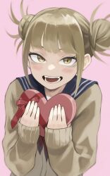 Rule 34 | 1girl, absurdres, bags under eyes, blonde hair, blue sailor collar, blunt bangs, blush, boku no hero academia, box, box of chocolates, cardigan, commentary, double bun, fangs, fengling (furin-jp), gift, hair bun, heart-shaped box, highres, holding, holding gift, long sleeves, looking at viewer, messy hair, narrowed eyes, neckerchief, open mouth, pink background, red neckerchief, sailor collar, school uniform, serafuku, short hair, sidelocks, simple background, slit pupils, solo, toga himiko, valentine, yellow cardigan, yellow eyes