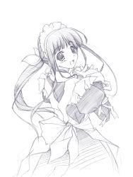 Rule 34 | 1girl, :d, apron, blush, cowboy shot, dress, from behind, greyscale, hair ribbon, lineart, looking back, maid, maid apron, maid headdress, monochrome, murakami suigun, open mouth, own hands together, ribbon, simple background, smile, solo, twintails, white background