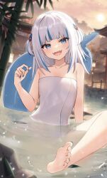 Rule 34 | 1girl, architecture, arm support, bamboo, barefoot, blue hair, blue nails, blunt bangs, blurry, blurry background, collarbone, east asian architecture, feet, fins, fish tail, flat chest, gawr gura, grey hair, hair ornament, hand up, highres, hololive, hololive english, knee up, looking at viewer, multicolored hair, nail polish, naked towel, onsen, open mouth, outdoors, partially submerged, shark girl, shark tail, sharp teeth, soles, solo, streaked hair, tail, teeth, thomas 8000, toenail polish, toenails, toes, towel, two side up, virtual youtuber, water