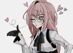 Rule 34 | 1girl, black-framed eyewear, black gloves, black ribbon, breasts, glasses, gloves, head tilt, large breasts, long hair, looking at viewer, neck ribbon, one eye closed, pink hair, purple eyes, ribbon, saint ghoul, shirt, simple background, smile, solo, tsukishiro yanagi, upper body, white background, white shirt, zenless zone zero