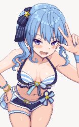 Rule 34 | 1girl, alternate breast size, bikini, blue bikini, blue eyes, blue hair, blue nails, blue shorts, blush, bracelet, breasts, breasts apart, collarbone, cowboy shot, grey background, hair ribbon, hand on own hip, hand up, hololive, hololive summer 2023 swimsuit, hoshimachi suisei, jewelry, leaning forward, long hair, looking at viewer, lower teeth only, medium breasts, micro shorts, navel, open mouth, pixel art, ribbon, shiny skin, shorts, side ponytail, sidelocks, simple background, skindentation, solo, stomach, striped bikini, striped clothes, striped ribbon, swimsuit, teeth, thigh strap, thighs, virtual youtuber, w, zou eita