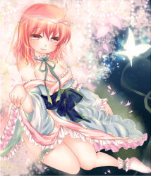 Rule 34 | 1girl, bare shoulders, breasts, bug, butterfly, cherry blossoms, cleavage, female focus, insect, japanese clothes, off shoulder, open clothes, petals, pink eyes, pink hair, saigyouji yuyuko, short hair, sitting, smile, socks, solo, touhou, triangular headpiece, yuyu haruko